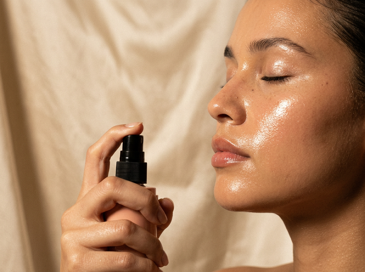 A woman with luminous skin misting her face with the Alkaglam mineral facial mist against a warm champagne backdrop