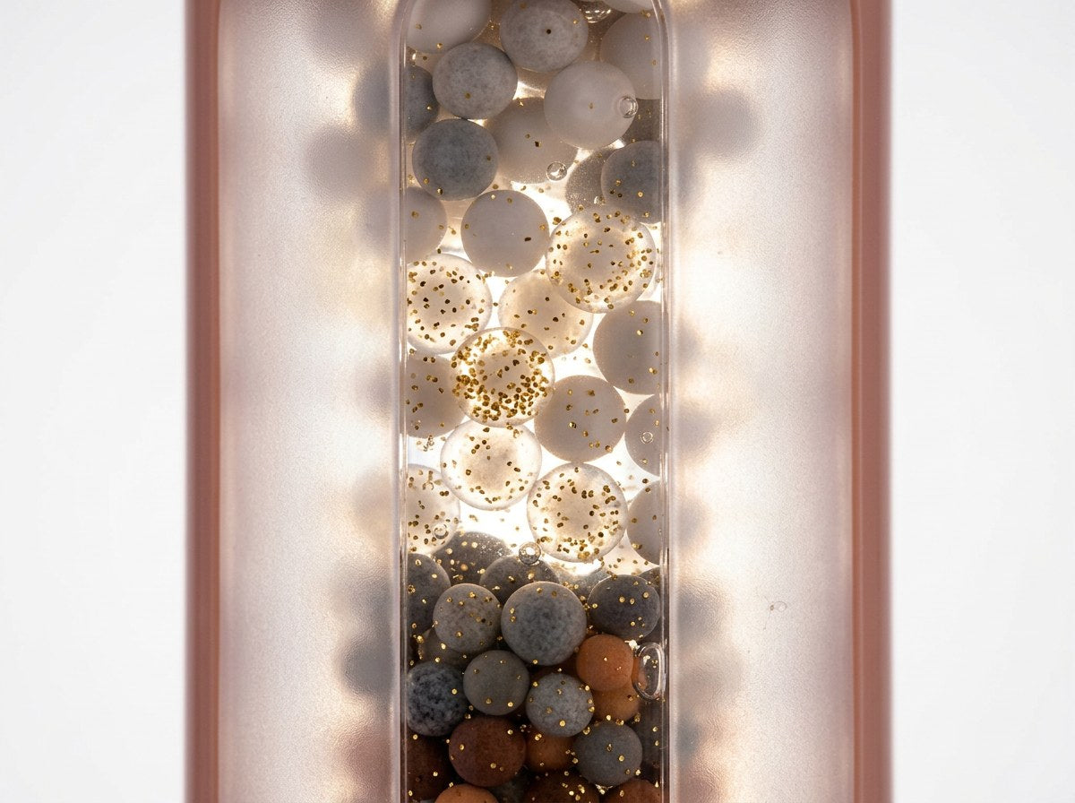 Macro view of Alkaglam mineral beads suspended in water with gold flecks, backlit inside the frosted chamber