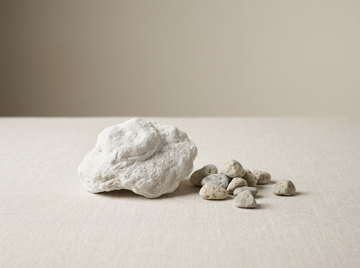 Chalky-white magnesium mineral and pale stones on ivory linen