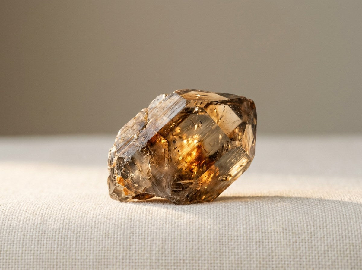 Faceted amber tourmaline crystal catching gold light on ivory linen