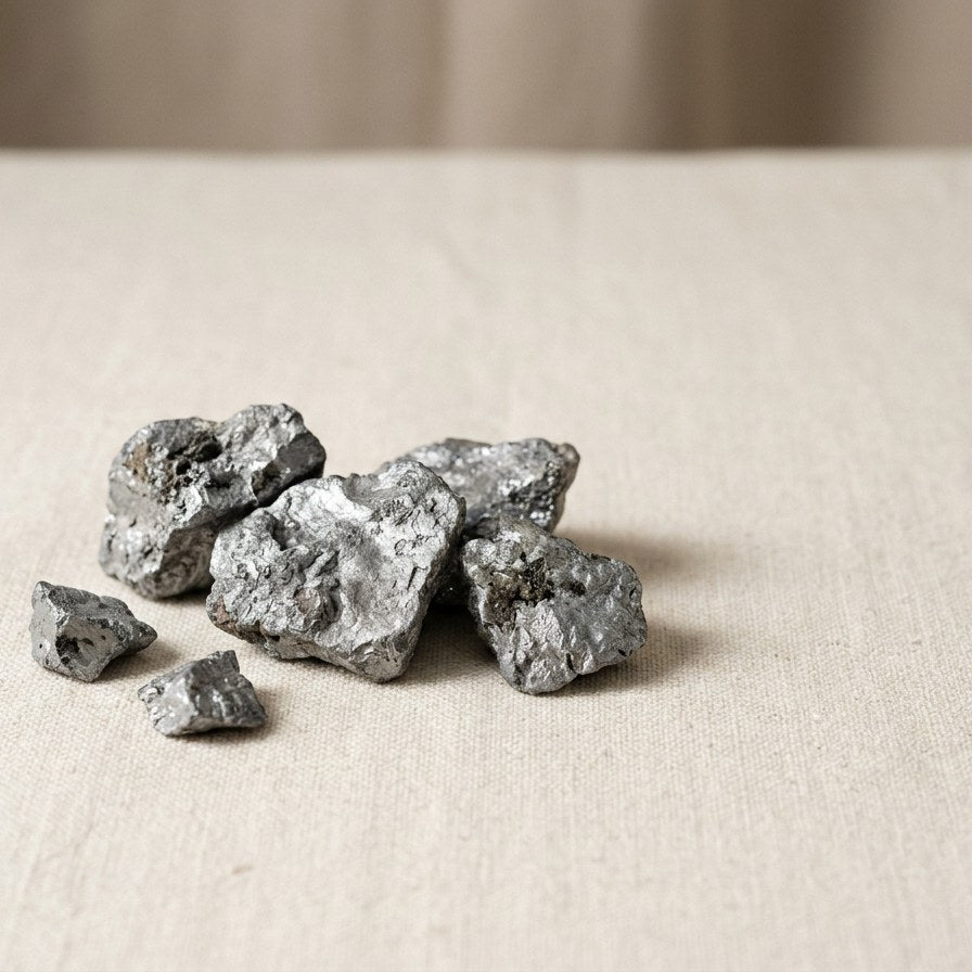 Raw zinc mineral fragments on ivory linen