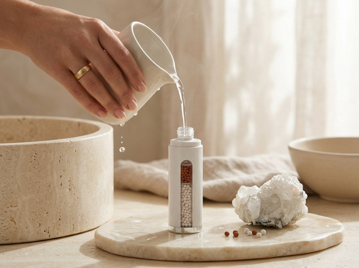 A hand pouring water into the white refillable Alkaglam bottle at a travertine basin, morning light